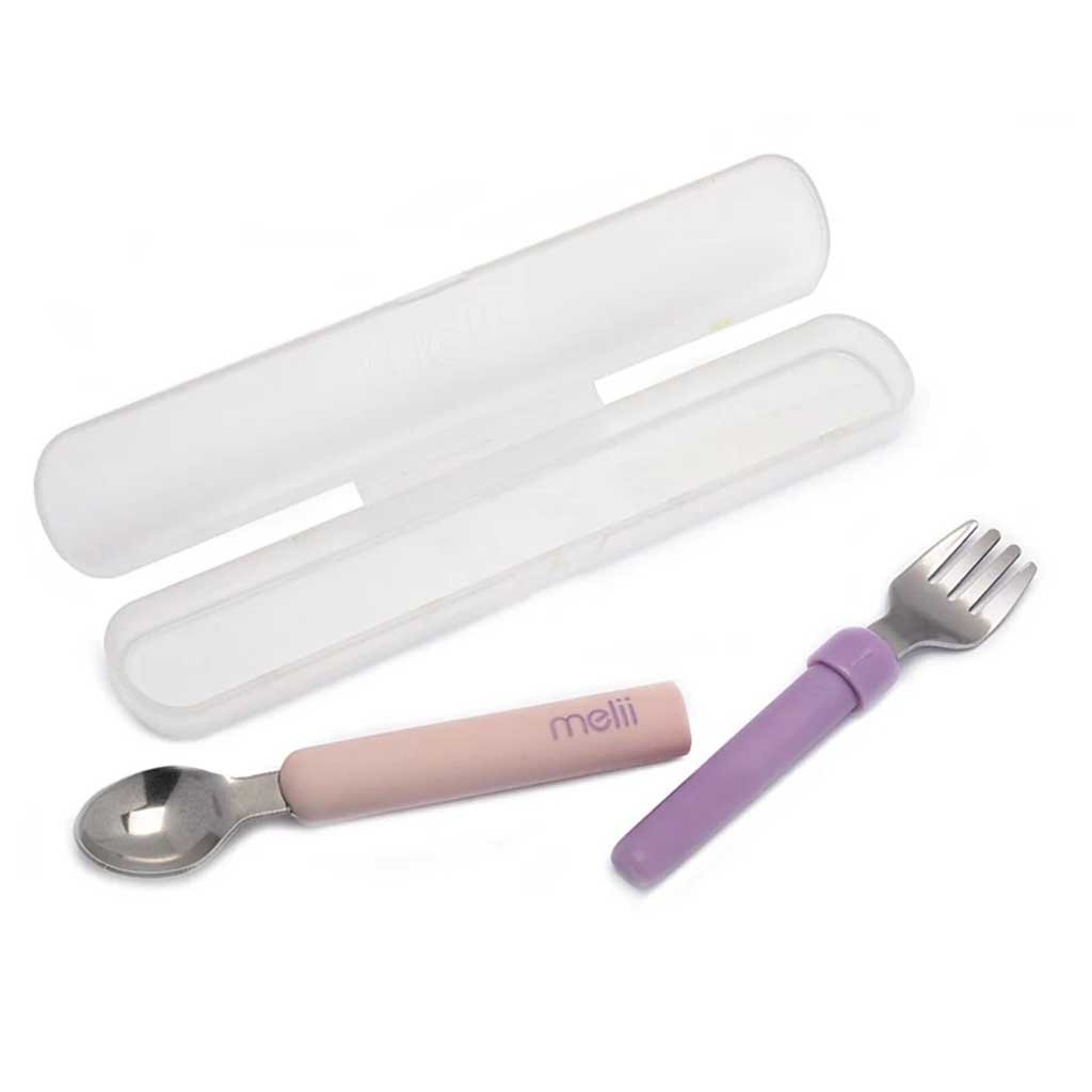 Melii Baby Feeding Spork On the Go Pink Spoon & Purple Fork For 12+ Months