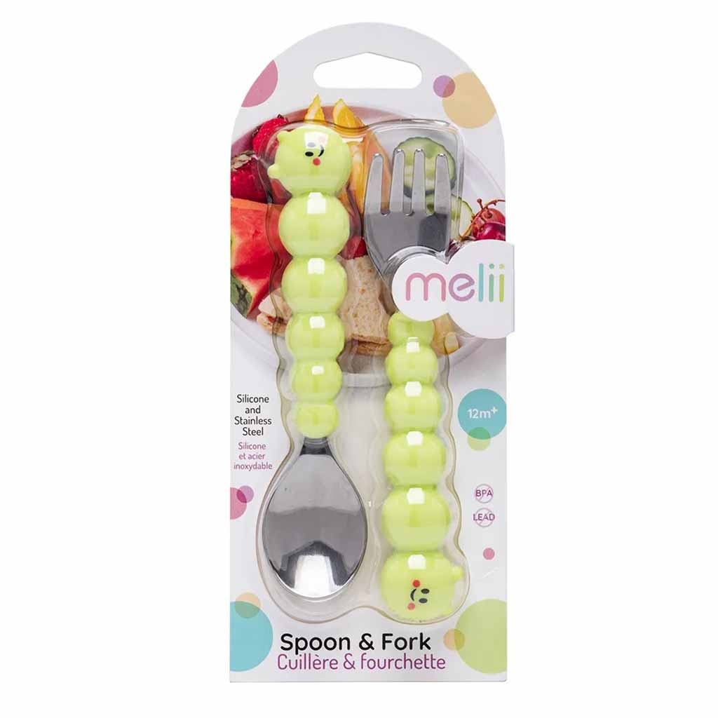 Melii Silicone & Stainless Steel Caterpillar Baby Feeding Spoon & Fork Set