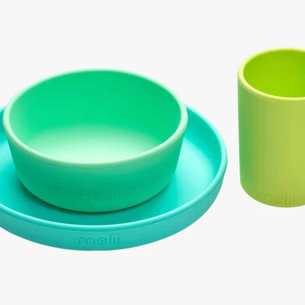 Melii Baby Feeding Silicone Plate, Bowl & Cup 3 Piece Meal Set, Color - Turquoise, Green, Mint 