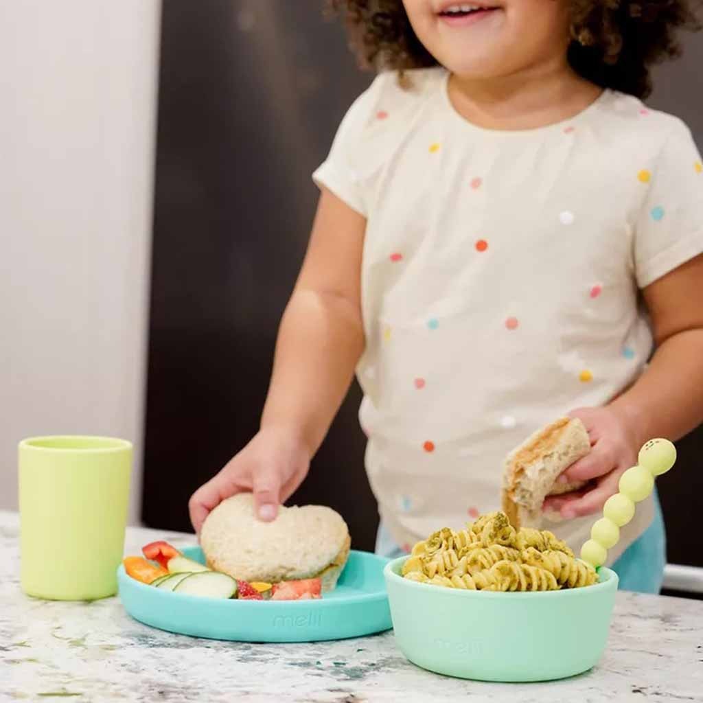 Melii Baby Feeding Silicone Plate, Bowl & Cup 3 Piece Meal Set, Color - Turquoise, Green, Mint 