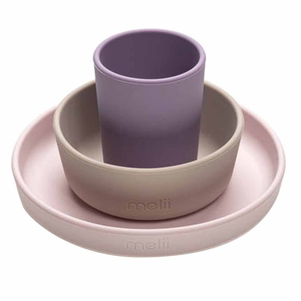 Melii Baby Feeding Silicone Plate, Bowl & Cup 3 Piece Meal Set, Color - Pink, Purple, Grey 
