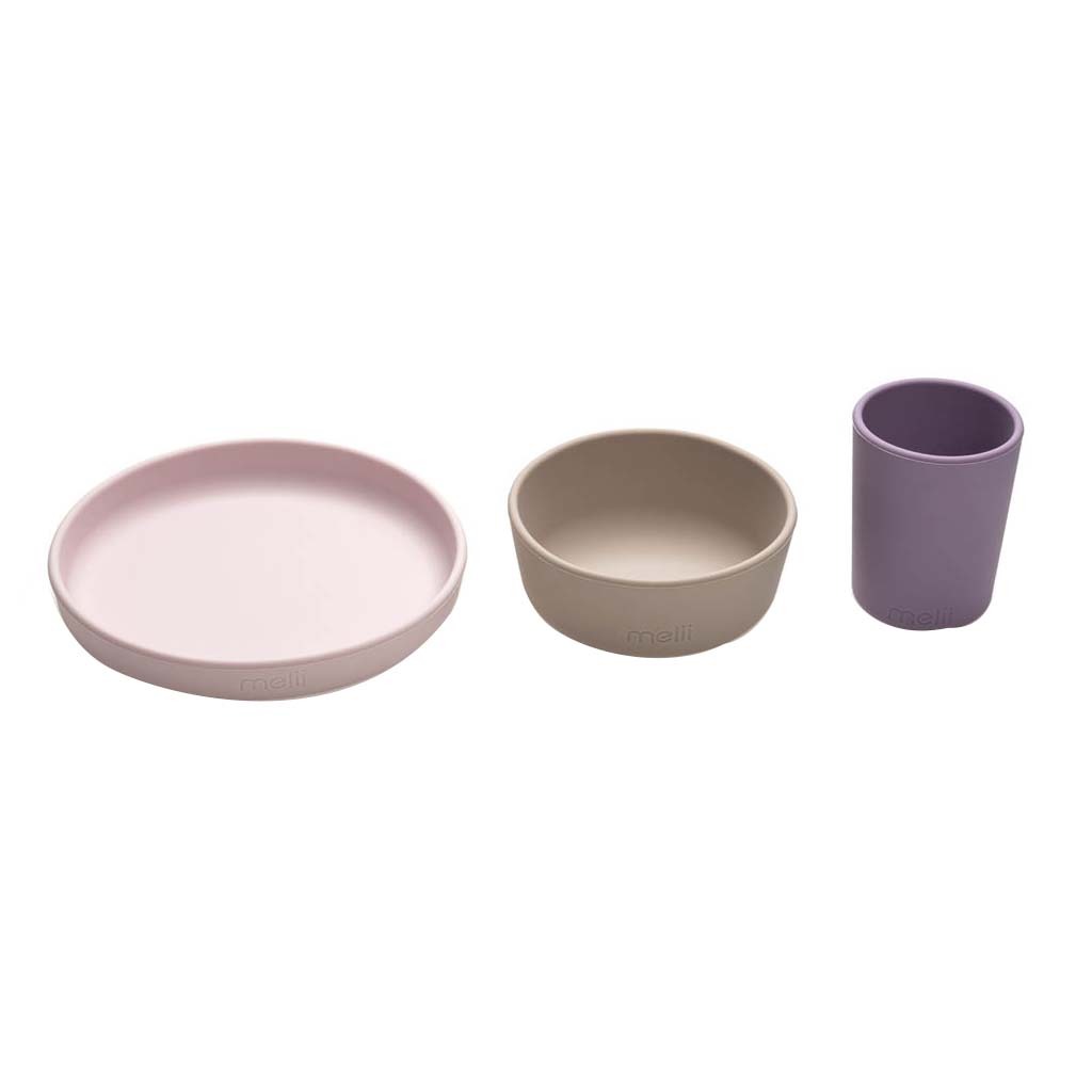 Melii Baby Feeding Silicone Plate, Bowl & Cup 3 Piece Meal Set, Color - Pink, Purple, Grey 