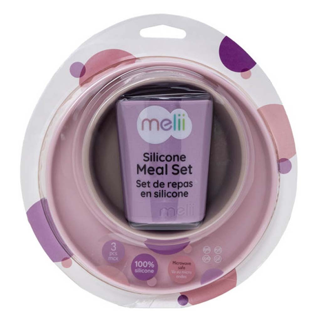 Melii Baby Feeding Silicone Plate, Bowl & Cup 3 Piece Meal Set, Color - Pink, Purple, Grey 