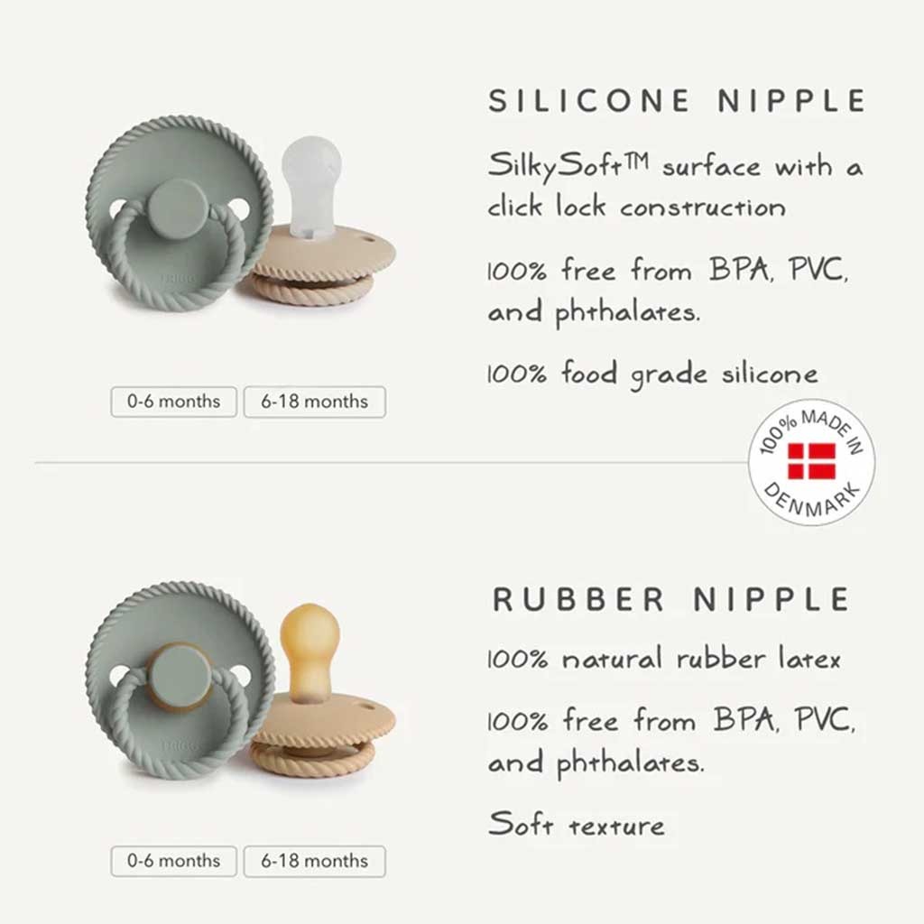 Frigg Rope Natural Rubber Baby Pacifiers, Size 2, 6-18 Months, Cream/ Sage Color, Pack of 2’s 