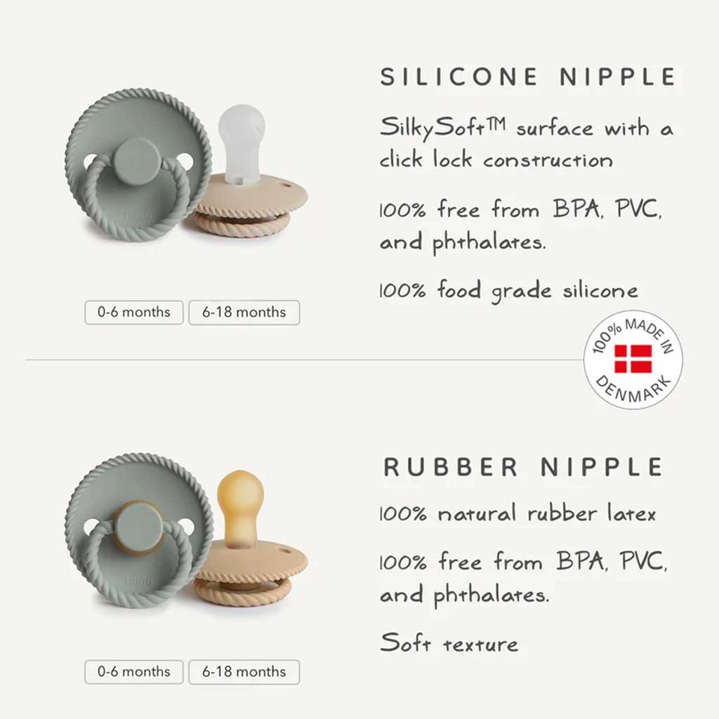 Frigg Rope Natural Rubber Baby Pacifiers, Size 2, 6-18 Months, Silver Gray/French Gray Color, Pack of 2’s 