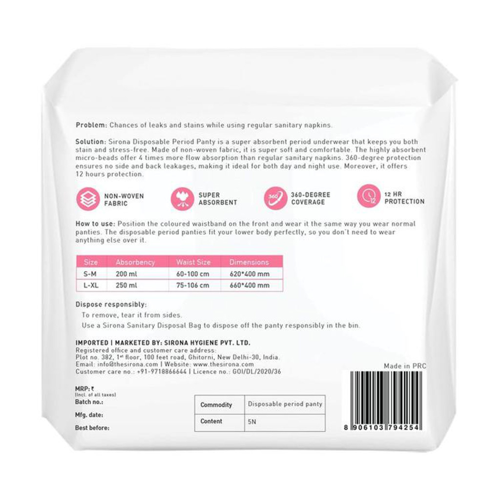 Sirona Disposable Period Panties, Size Small - Medium, Pack of 5’s