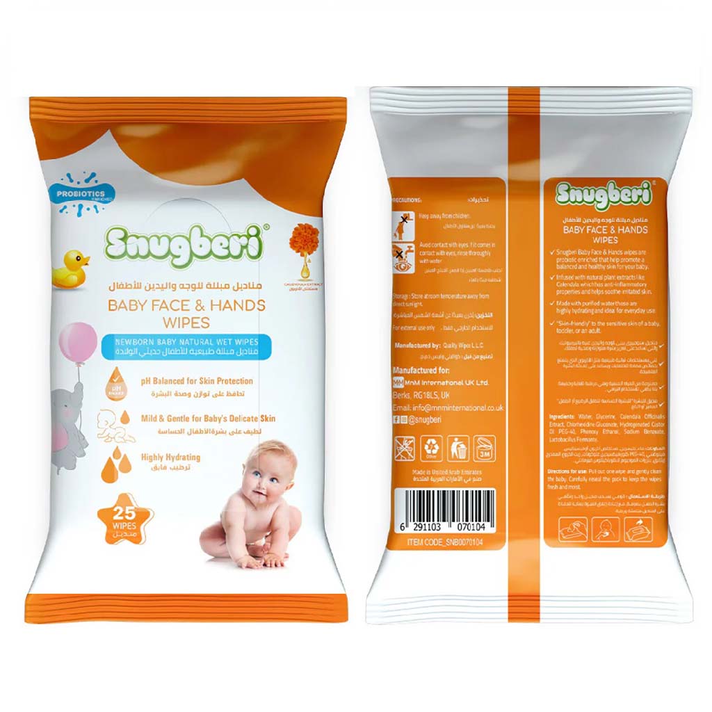 Snugberi Probiotic Newborn Natural Baby Wet Wipes For Face & Hands, Pack of 25’s