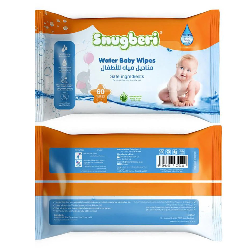 Snugberi Water Baby Wet Wipes For Sensitive Skin & Daily Use, Pack of 60’s
