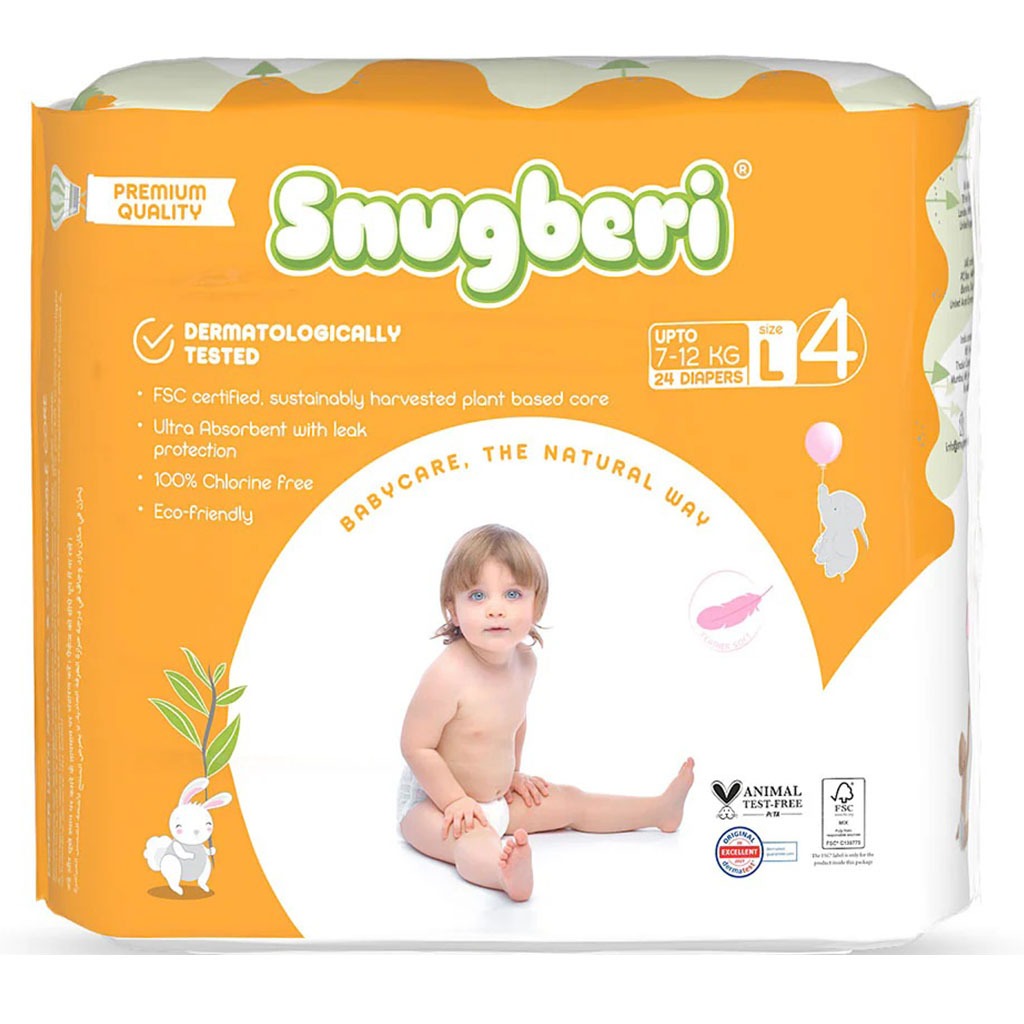 Snugberi Baby Diapers, Size 4, Large, 7-12Kg, Pack of 24's