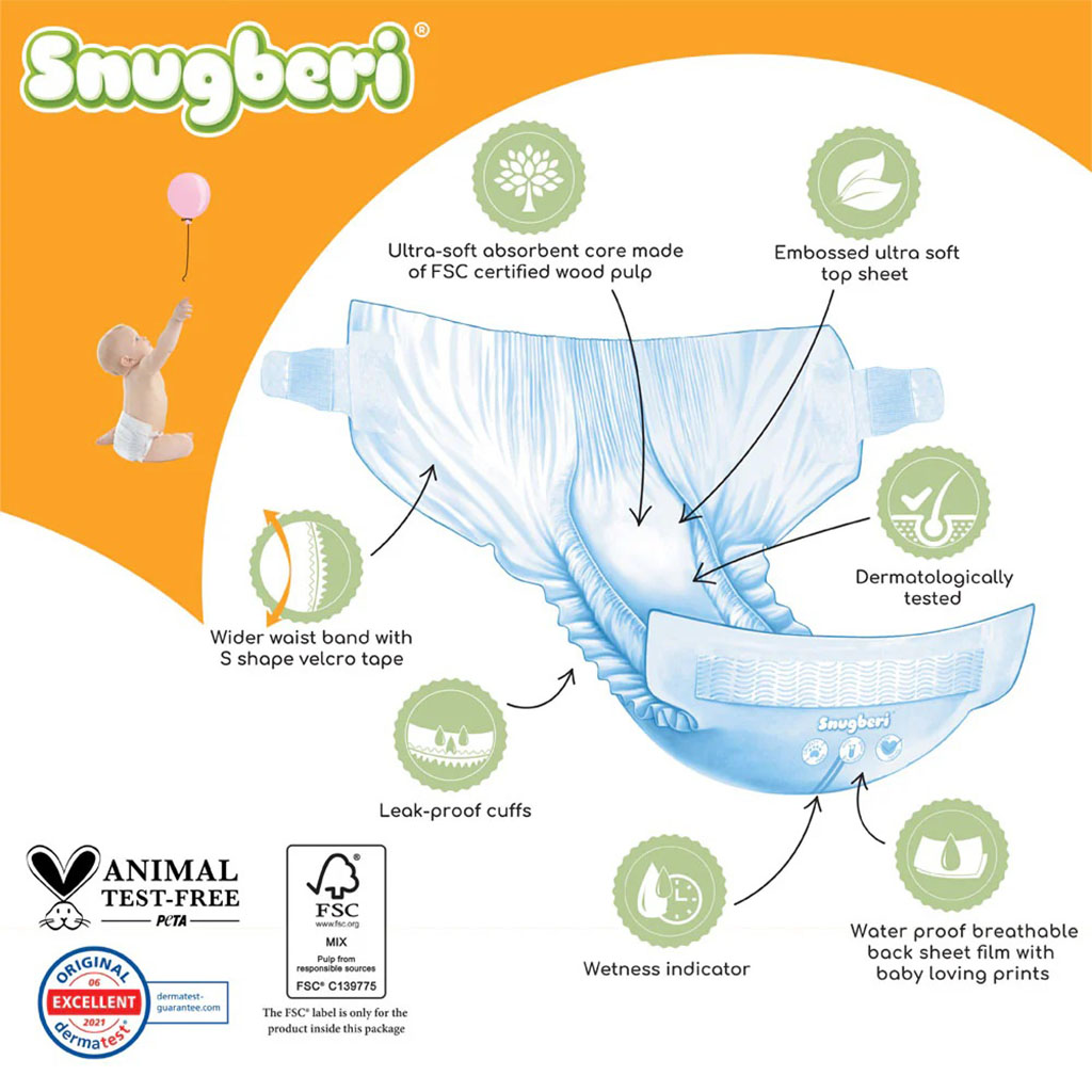 Snugberi Baby Diapers, Size 4, Large, 7-12Kg, Pack of 24's
