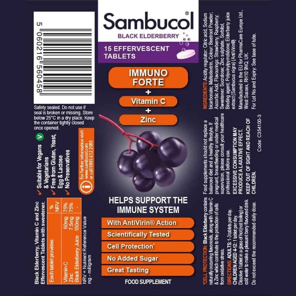 Sambucol Immuno Forte Elderberry, Vitamin C & Zinc Effervescent Tablets, Pack of 15's