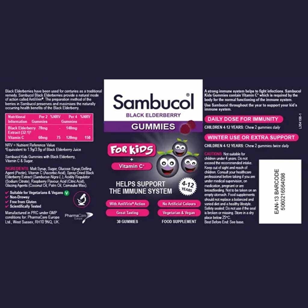 Sambucol Immune Support Kids Elderberry & Vitamin C Gummies, Pack of 30's