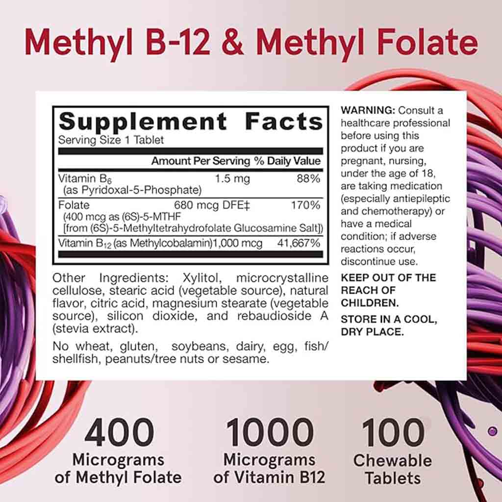 Jarrow Formulas Methyl B12 & Folate Chewable Tablets, Pack of 100's