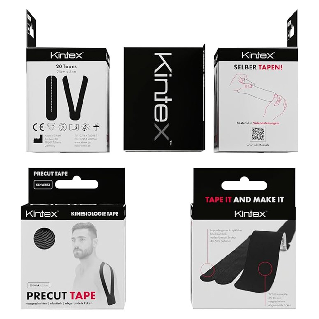 Kintex Kinesiology Pre-Cut Tape For Pain Relief - Black Color 25cm, Pack of 20’s 
