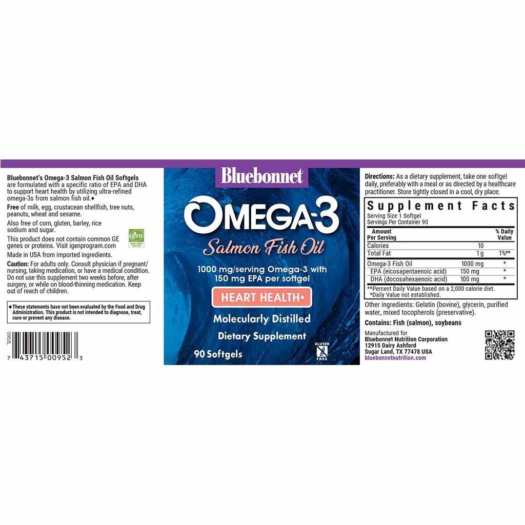 Bluebonnet Omega-3 Salmon Fish Oil 1000mg Softgels, Pack of 90's