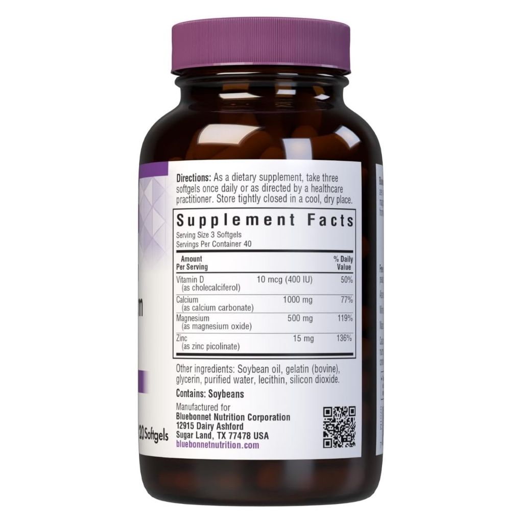 Bluebonnet Calcium, Magnesium, Zinc, Vitamin D Supplement Softgels, Pack of 120's