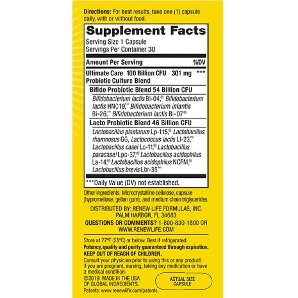 Renew Life Ultimate Flora 100 Billion Ultimate Care Probiotic Capsules, Pack of 30's