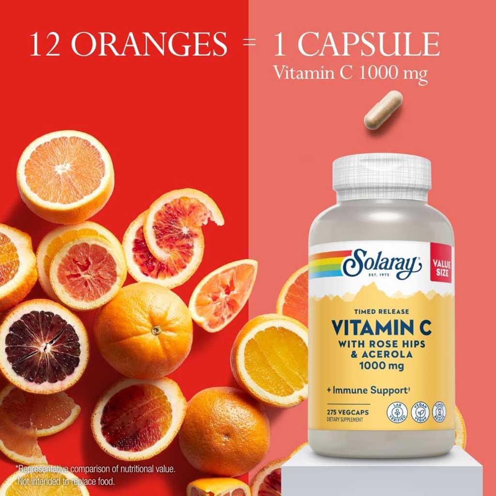 Solaray Vitamin C With Rosehip & Acerola 500mg Vegetarian Capsules, Pack of 100's