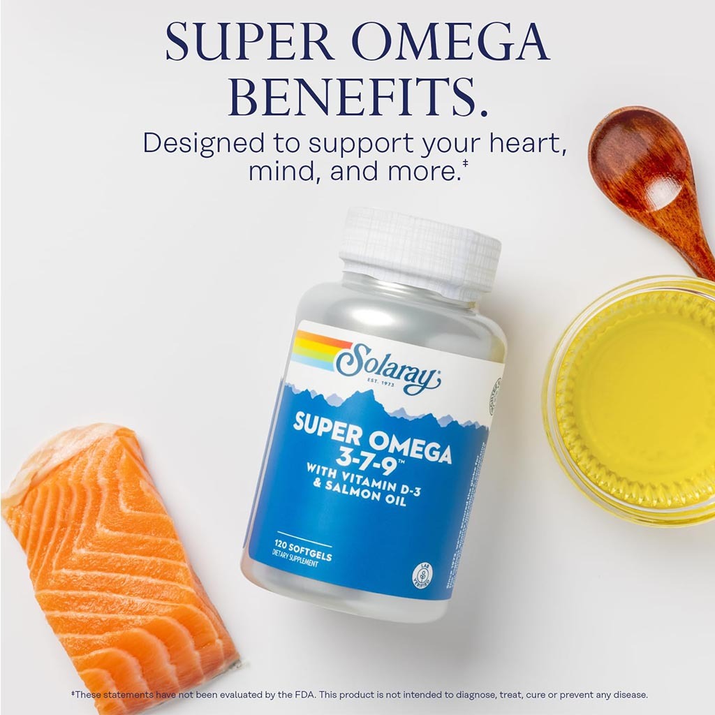 Solaray Super Omega 3-7-9 With Vitamin D3 & Salmon Oil Softgels For Heart Health, Pack of 120’s 