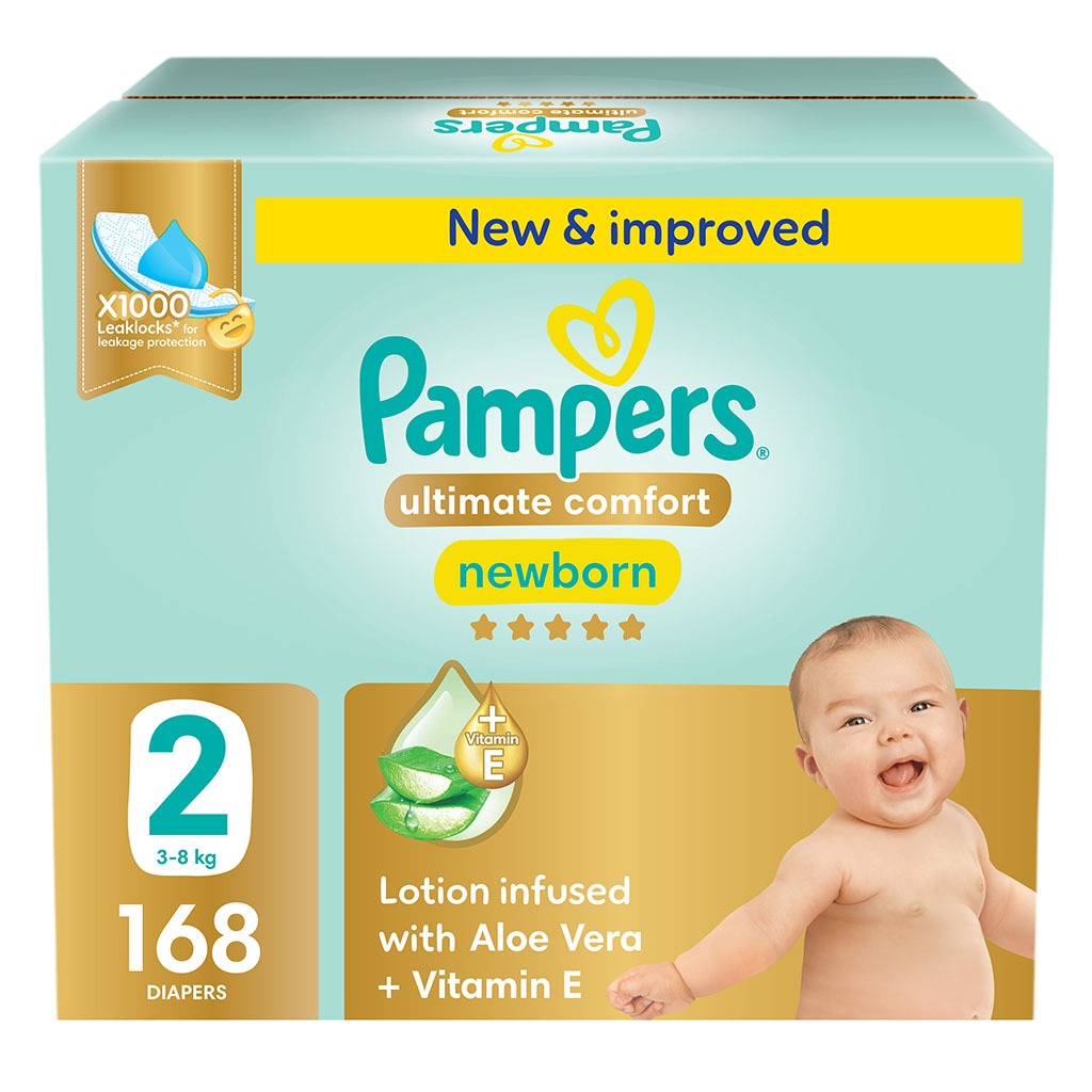 Pampers Ultimate Comfort Size 2, 3-8kg Newborn Diapers, Pack of 168's