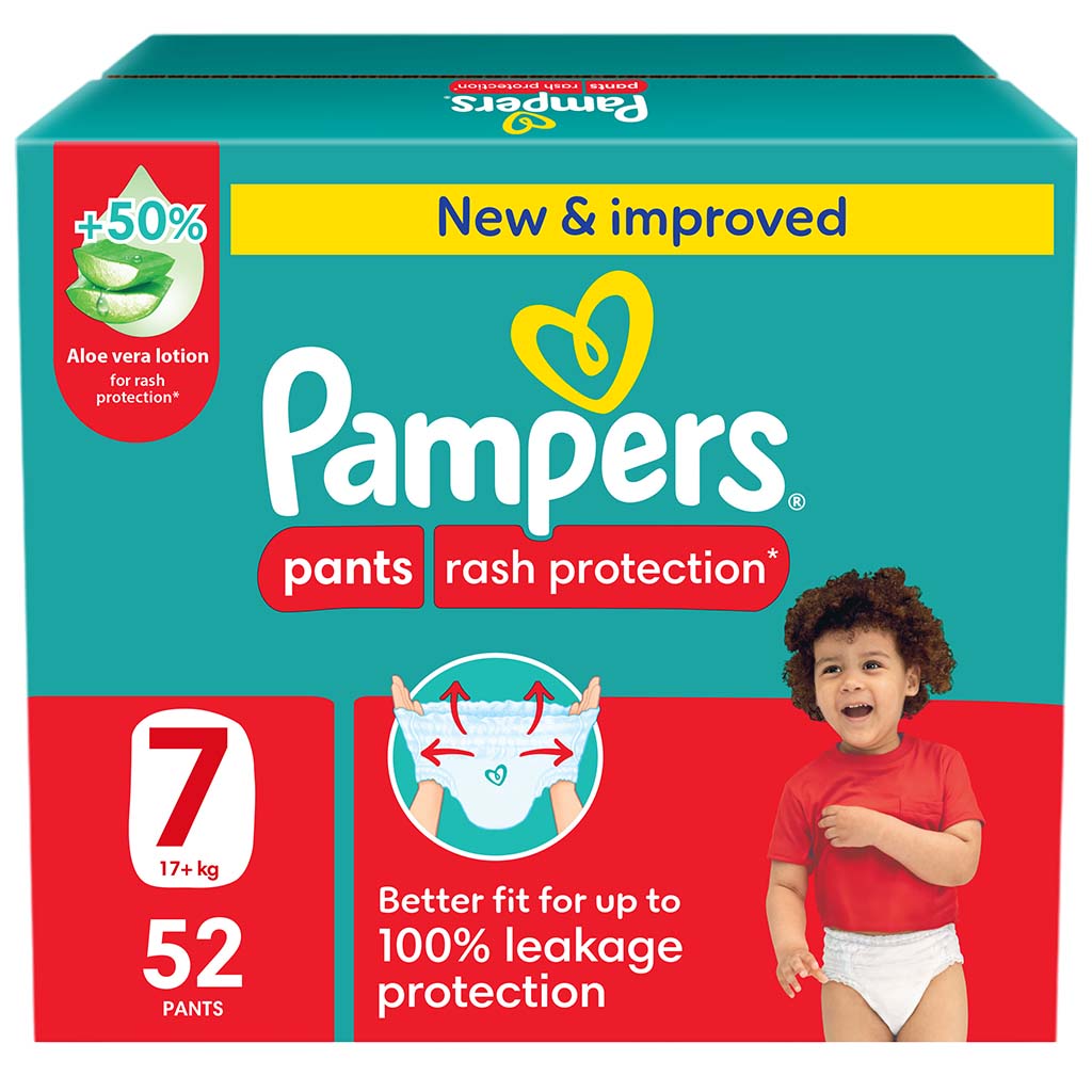Pampers Rash Protection Size 7, 17+kg Baby Diaper Pants, Pack of 52's