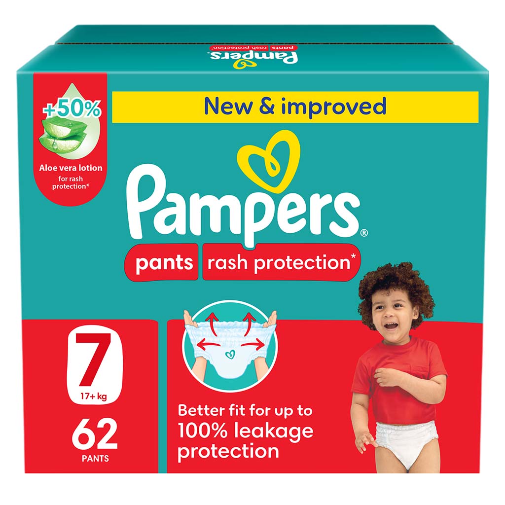 Pampers Rash Protection Size 7, 17+kg Baby Diaper Pants, Pack of 62's