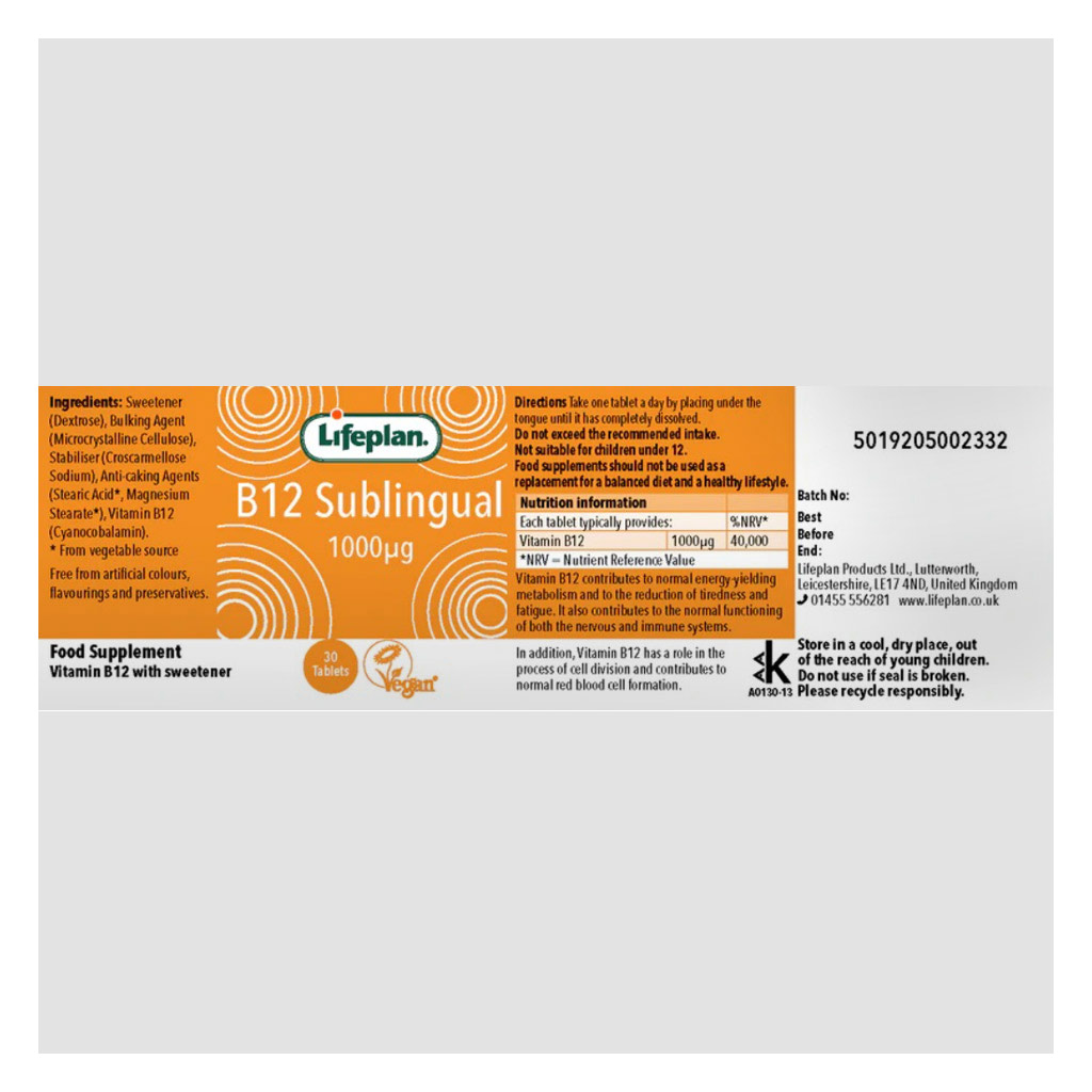Lifeplan B12 Sublingual 1000mcg Tablets, Pack of 30’s