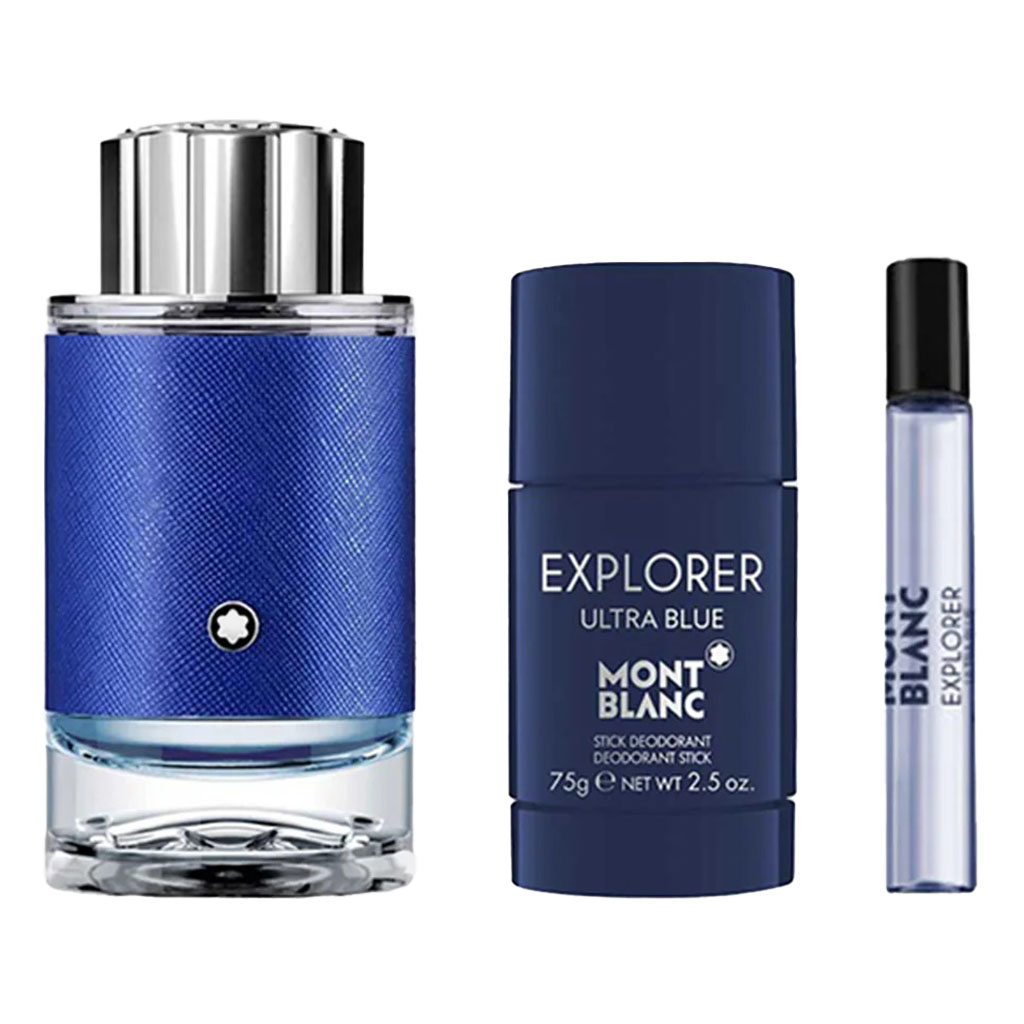 Mont Blanc Explorer Ultra Blue Gift Set For Men - Pack of Mont Blanc Explorer Ultra Blue EDP 100ml + EDP Mini Spray 7.5ml + After Shave Balm 100ml