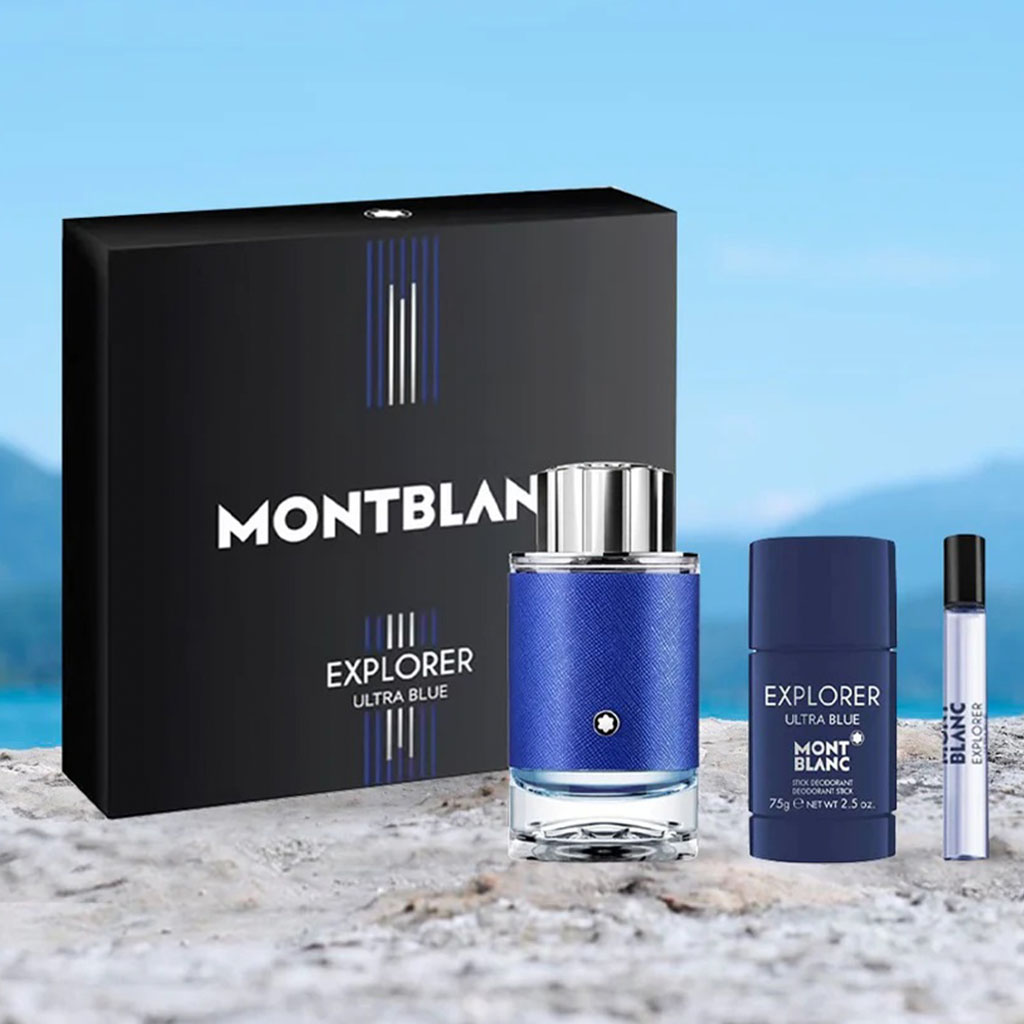 Mont Blanc Explorer Ultra Blue Gift Set For Men - Pack of Mont Blanc Explorer Ultra Blue EDP 100ml + EDP Mini Spray 7.5ml + After Shave Balm 100ml
