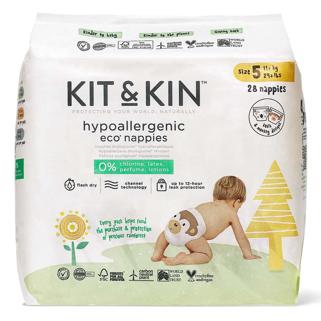 Kit & Kin Eco Friendly Hypoallergenic Size 5 Baby Diapers For 11+ Kg, Pack of 28’s