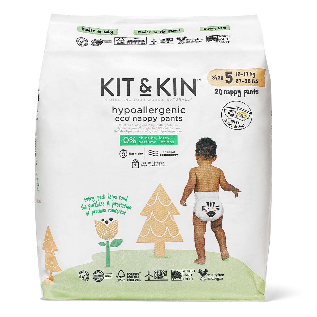 Kit & Kin Eco Friendly Hypoallergenic Size 5 Baby Nappy Pants For 12-17Kg, Pack of 20’s