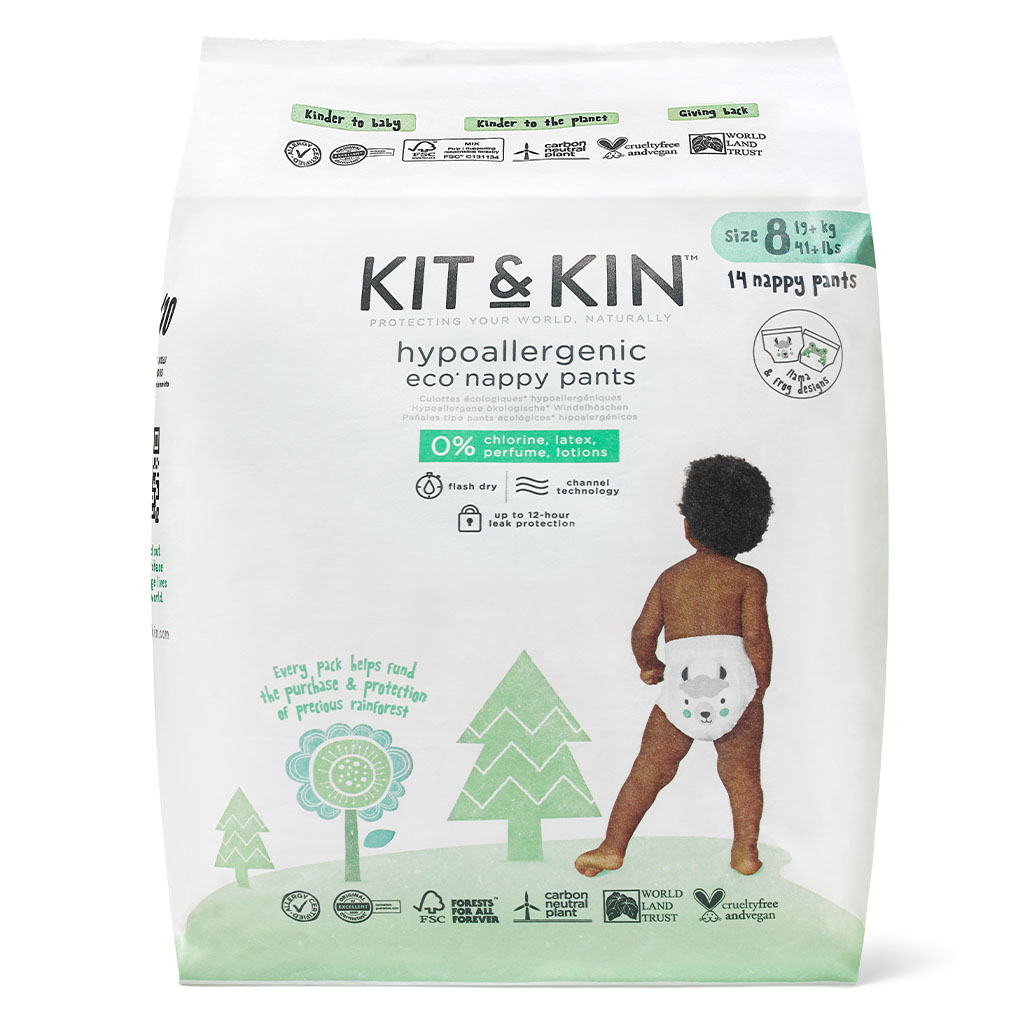 Kit & Kin Eco Friendly Hypoallergenic Size 8 Baby Nappy Pants For 19+ Kg, Pack of 14's