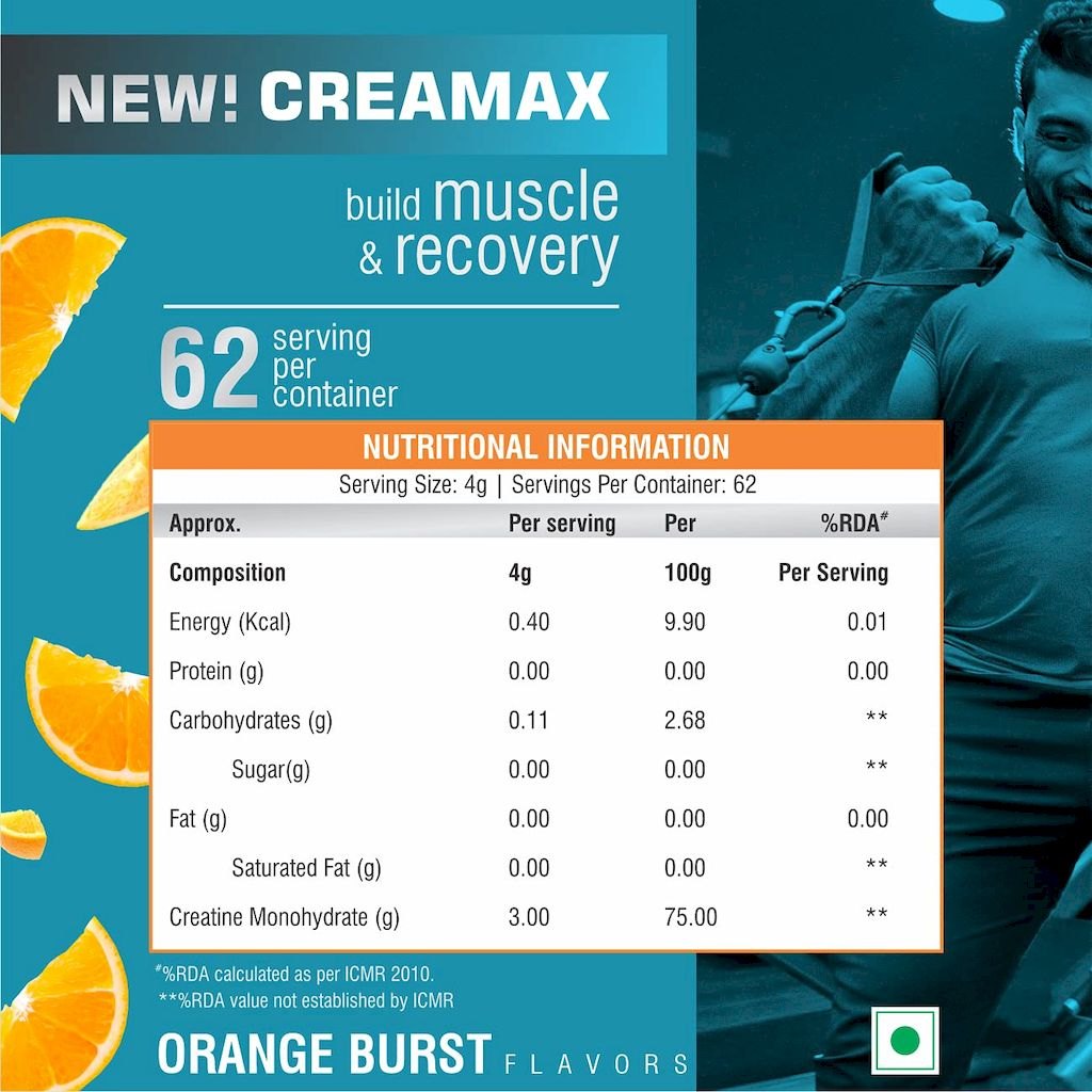 Healthfarm Creamax Creatine Monohydrate Powder - Orange Burst 250g, 62 Servings