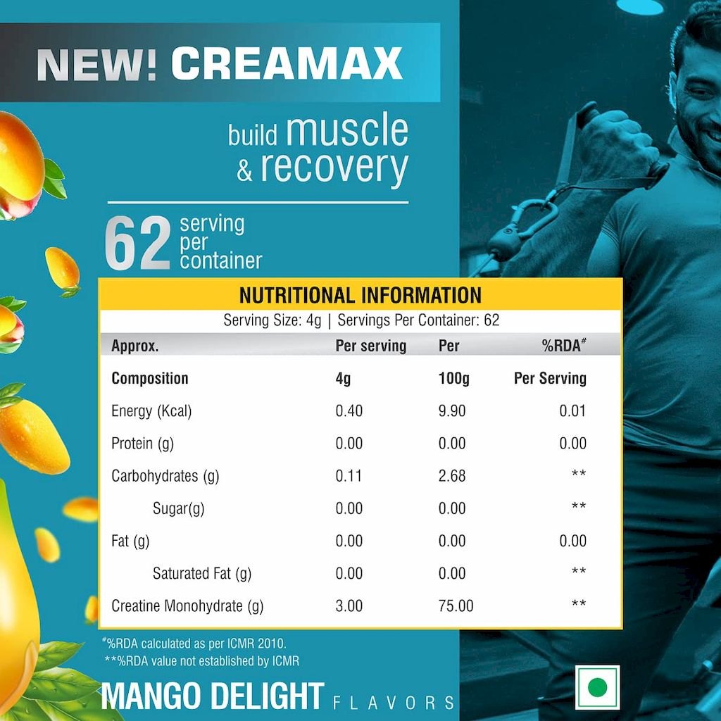 Healthfarm Creamax Creatine Monohydrate Powder - Mango Twist 250g, 62 Servings