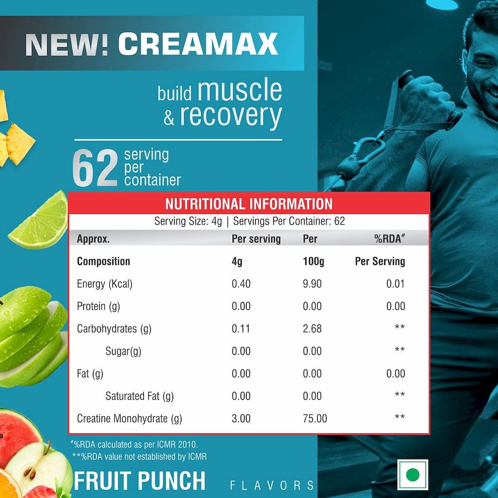 Healthfarm Creamax Creatine Monohydrate Powder - Fruit Punch 250g, 62 Servings