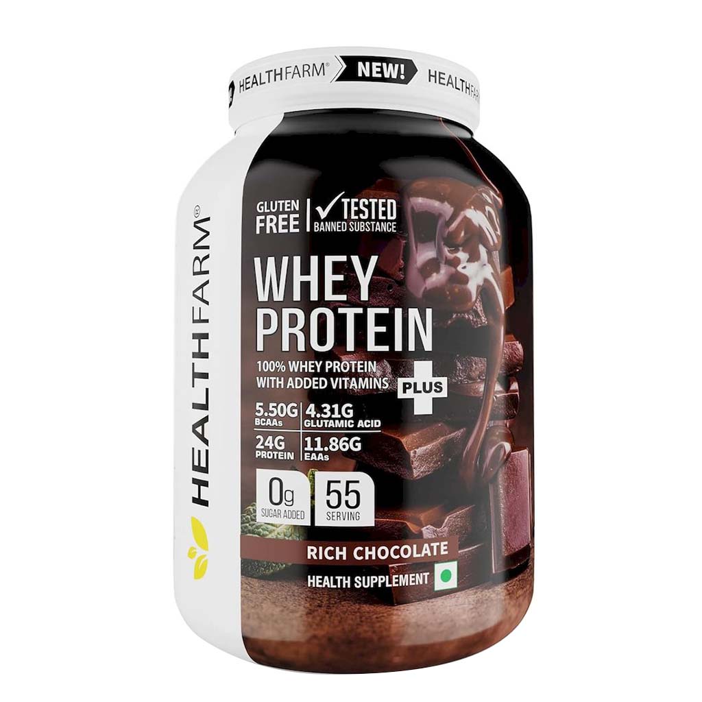 Healthfarm 100% Whey Protein Plus Powder, Rich Chocolate Flavour 2kg - 55 Servings