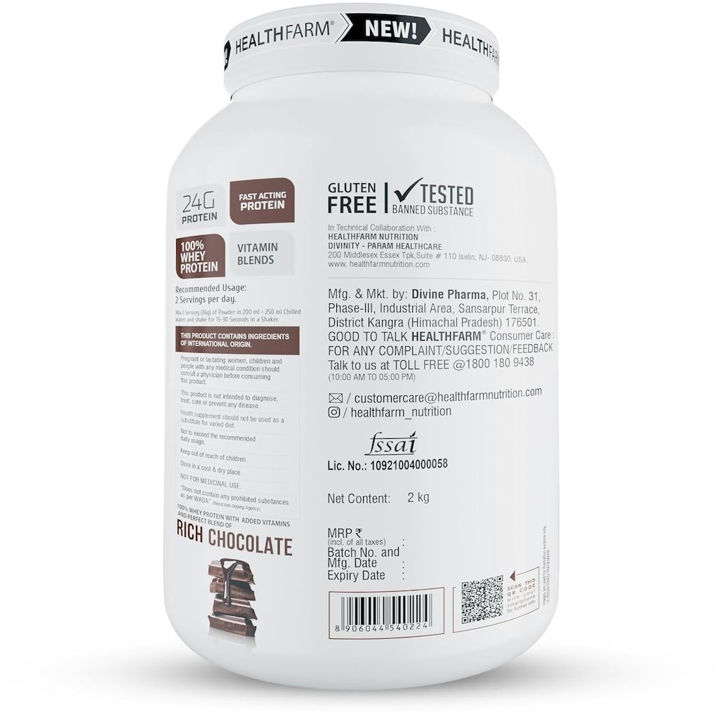 Healthfarm 100% Whey Protein Plus Powder, Rich Chocolate Flavour 2kg - 55 Servings