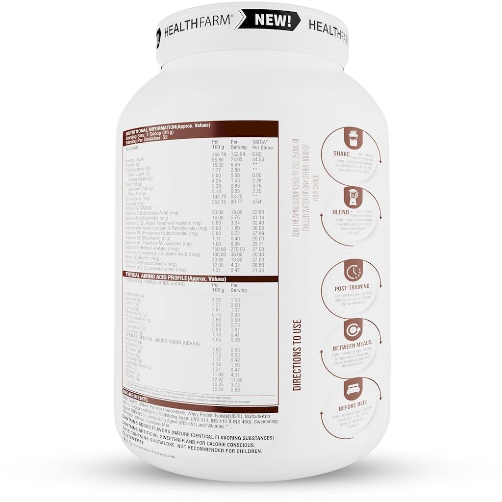 Healthfarm 100% Whey Protein Plus Powder, Rich Chocolate Flavour 2kg - 55 Servings