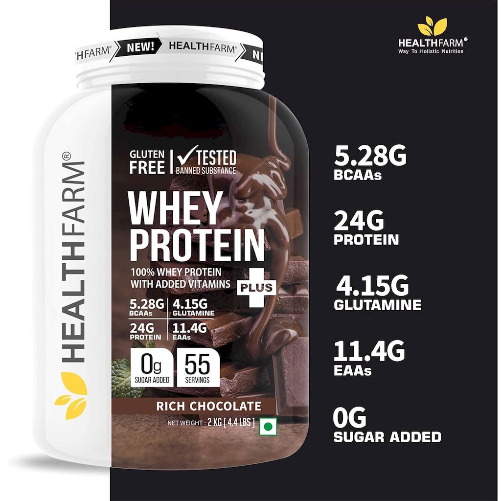 Healthfarm 100% Whey Protein Plus Powder, Rich Chocolate Flavour 2kg - 55 Servings