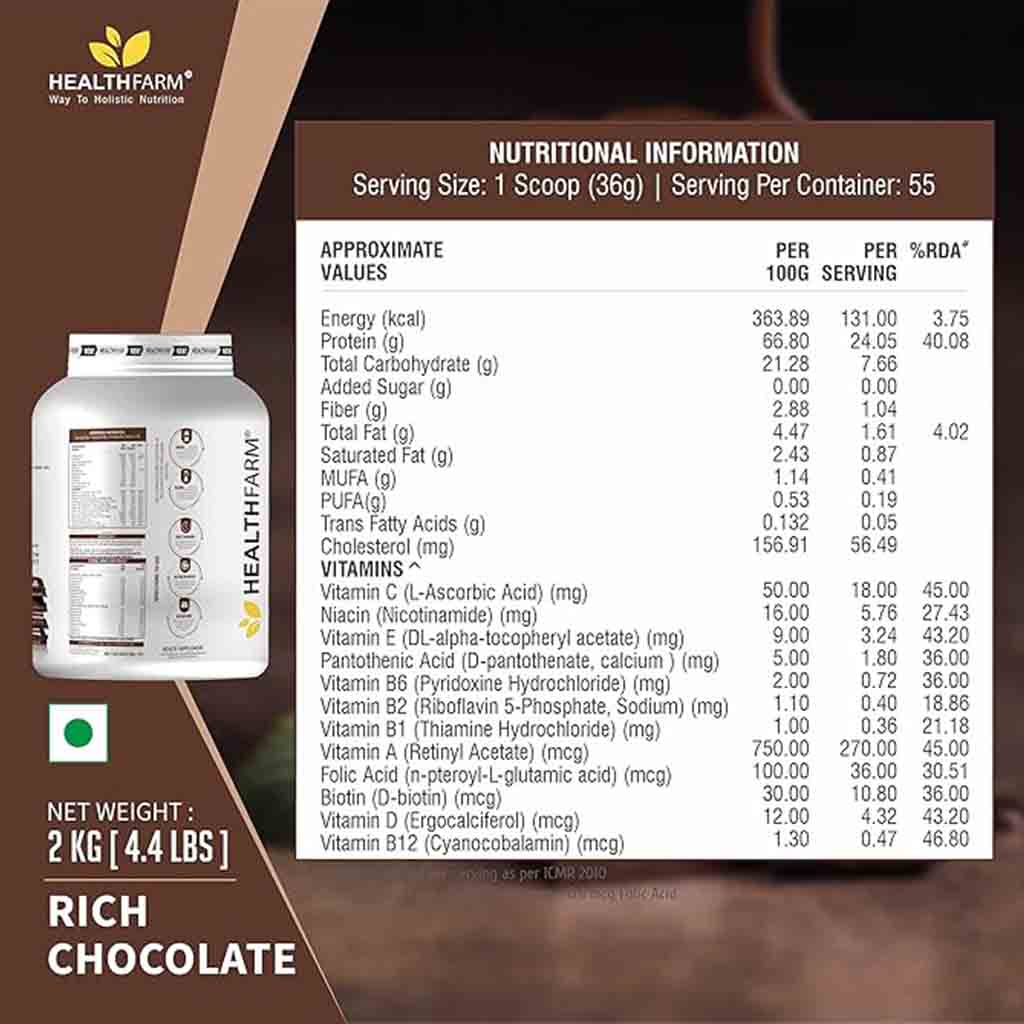Healthfarm 100% Whey Protein Plus Powder, Rich Chocolate Flavour 2kg - 55 Servings