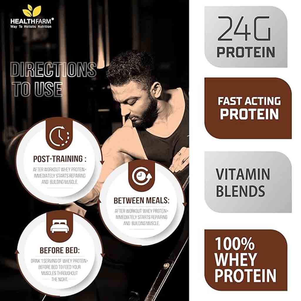 Healthfarm 100% Whey Protein Plus Powder, Rich Chocolate Flavour 2kg - 55 Servings