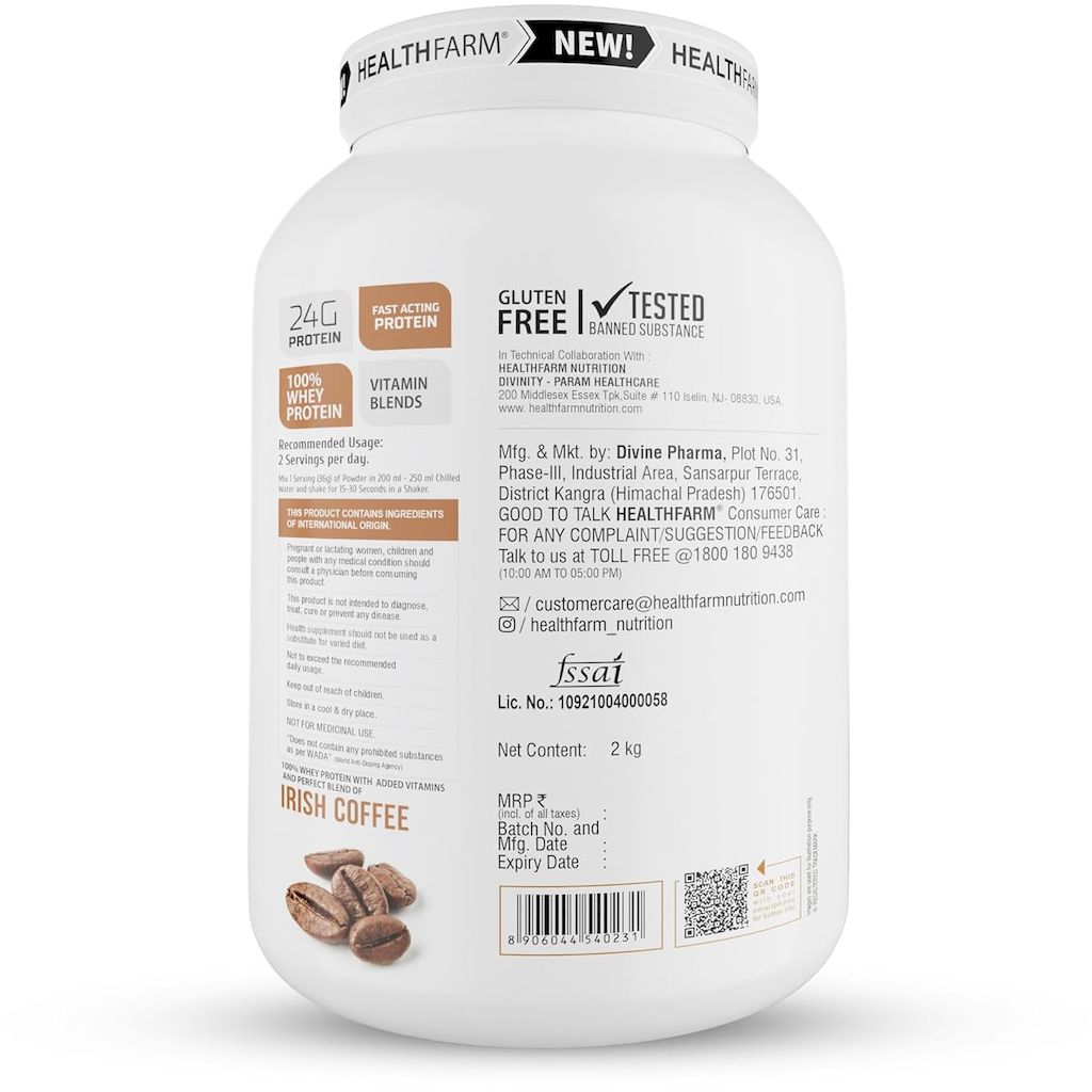 Healthfarm 100% Whey Protein Plus Powder, Irish Coffee Flavour 2kg - 55 Servings