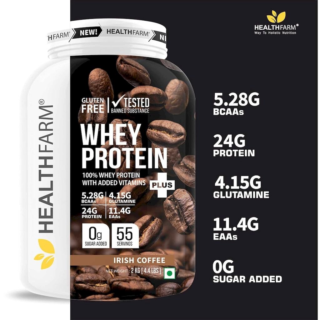 Healthfarm 100% Whey Protein Plus Powder, Irish Coffee Flavour 2kg - 55 Servings