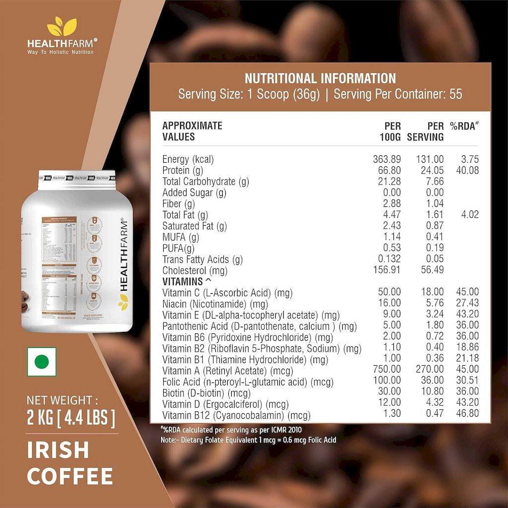Healthfarm 100% Whey Protein Plus Powder, Irish Coffee Flavour 2kg - 55 Servings