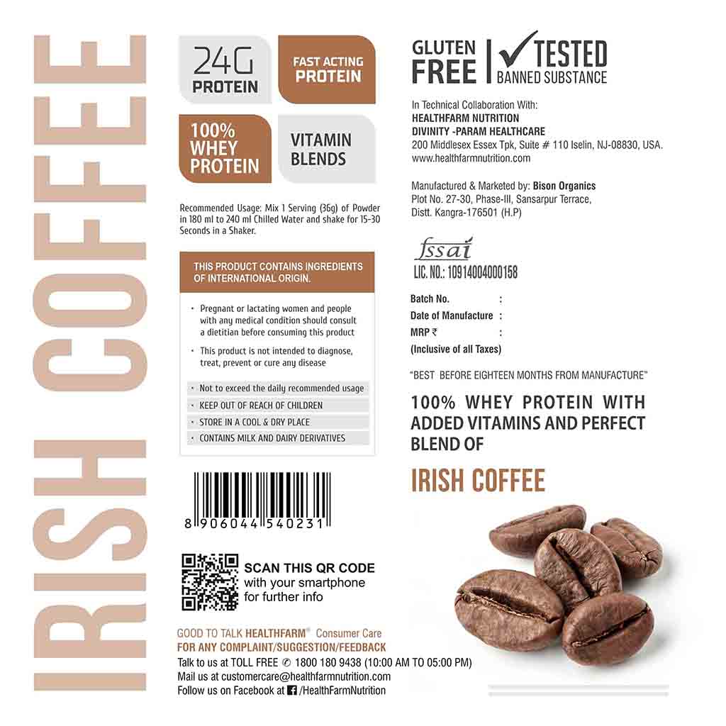 Healthfarm 100% Whey Protein Plus Powder, Irish Coffee Flavour 2kg - 55 Servings