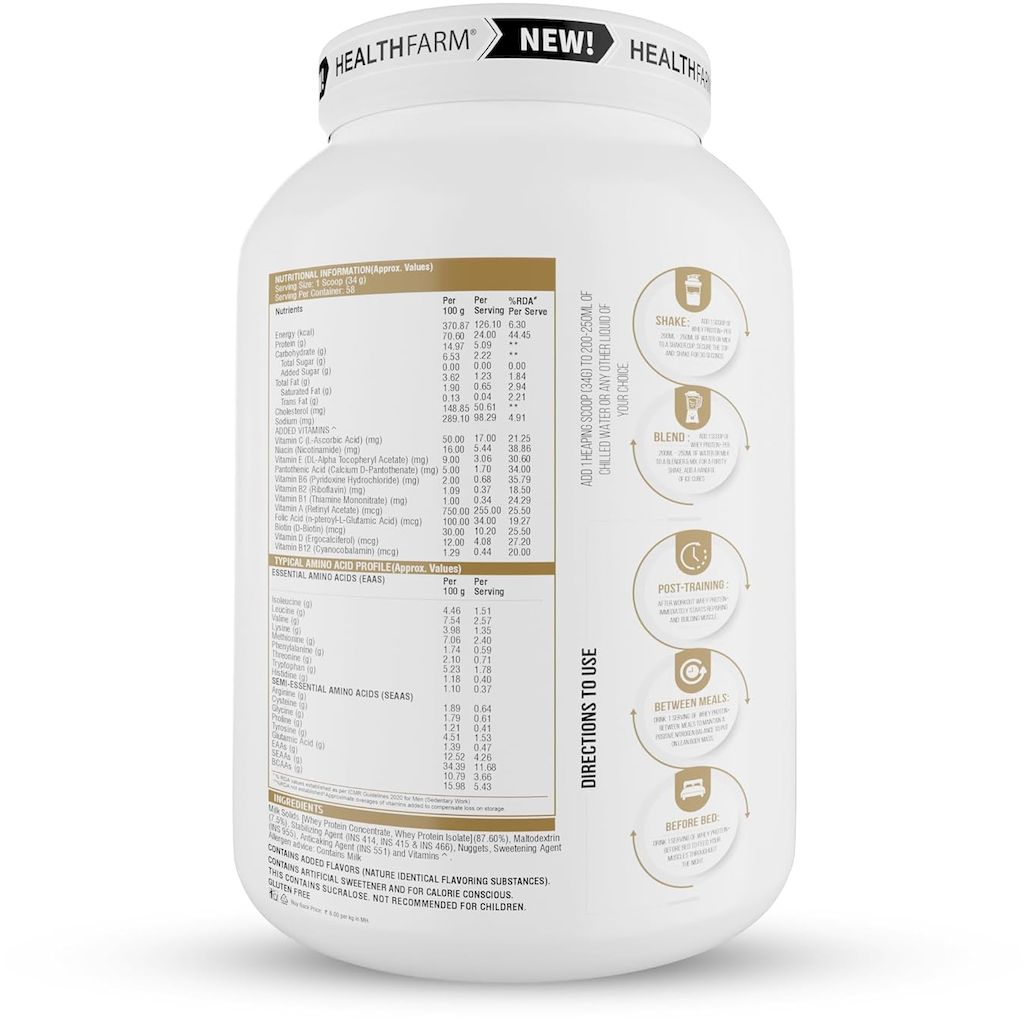 Healthfarm 100% Whey Protein Plus Powder, Cookies & Cream Flavour 2kg - 55 Servings