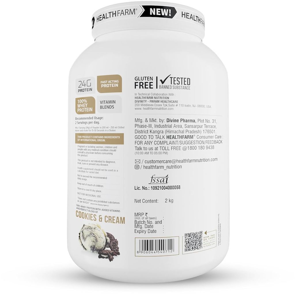 Healthfarm 100% Whey Protein Plus Powder, Cookies & Cream Flavour 2kg - 55 Servings