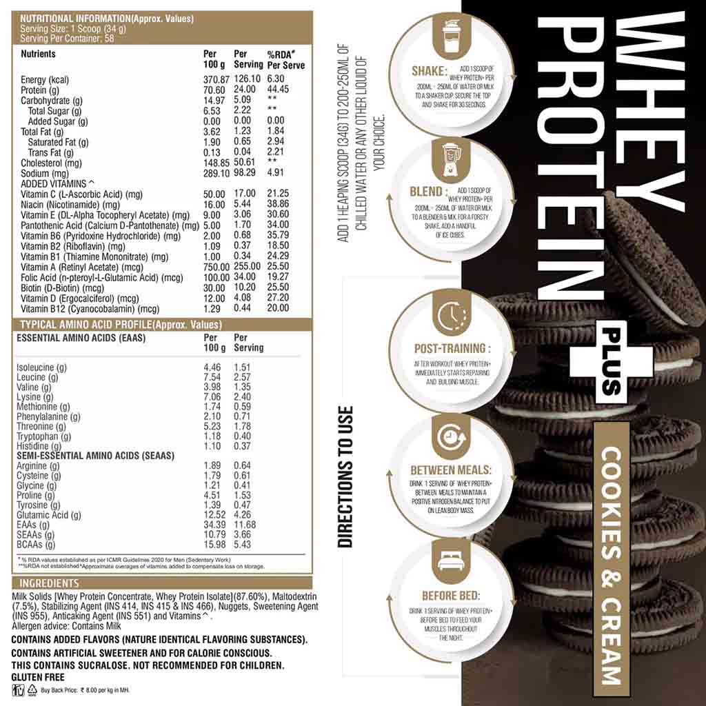 Healthfarm 100% Whey Protein Plus Powder, Cookies & Cream Flavour 2kg - 55 Servings