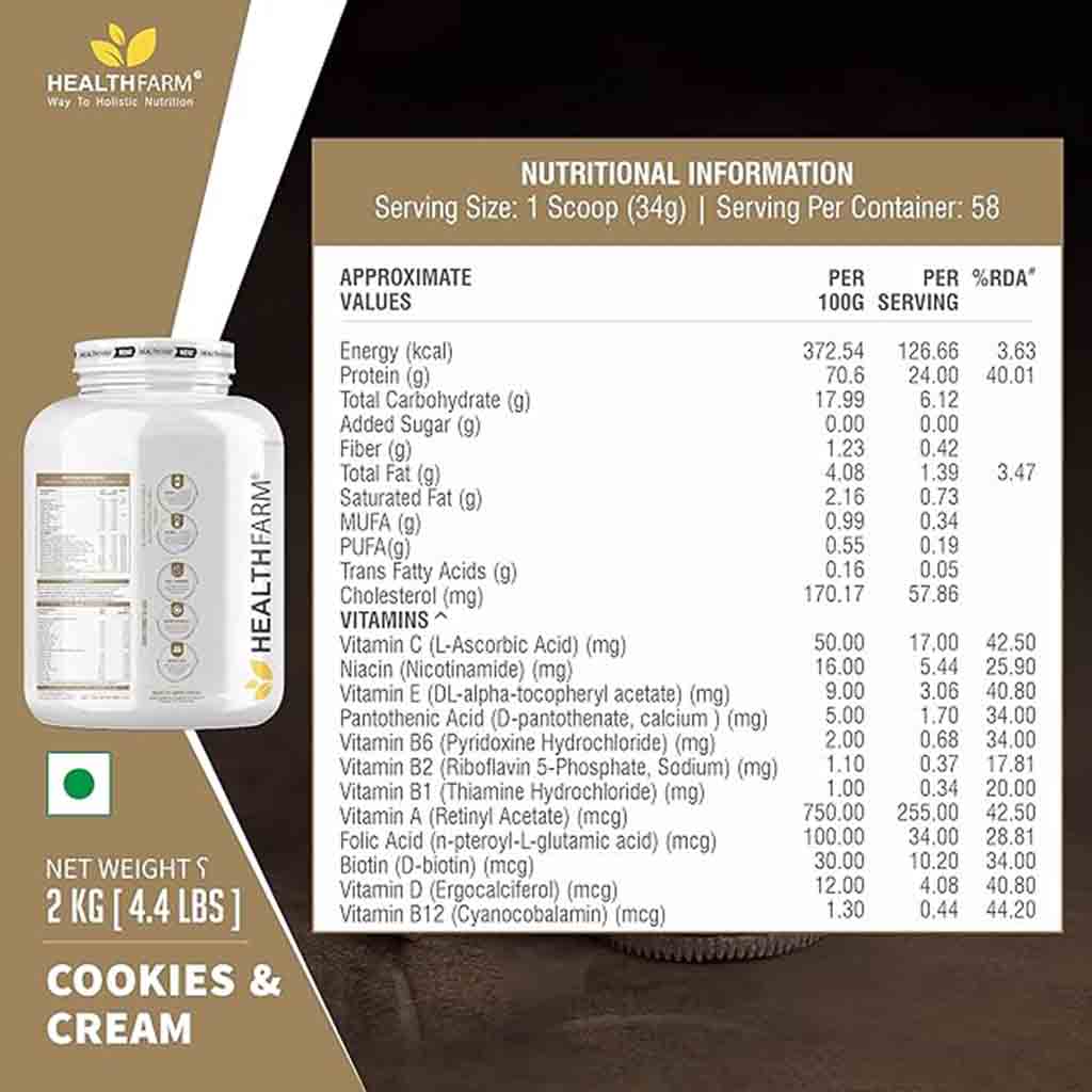 Healthfarm 100% Whey Protein Plus Powder, Cookies & Cream Flavour 2kg - 55 Servings