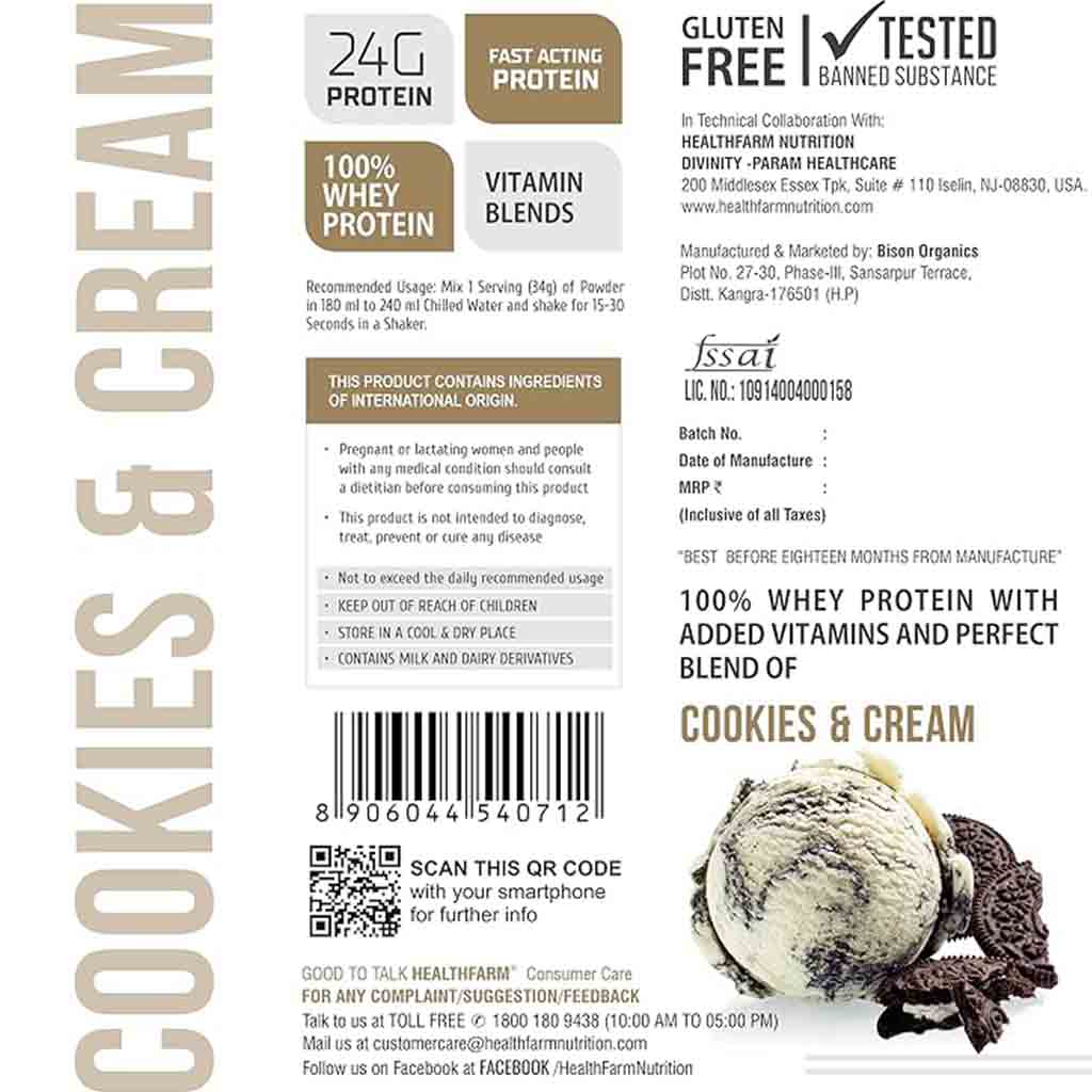 Healthfarm 100% Whey Protein Plus Powder, Cookies & Cream Flavour 2kg - 55 Servings